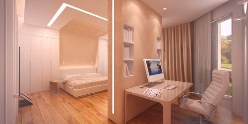 Дизајн удобне собе: двије зоне спаваће собе, фотографија