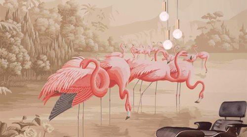 Ozadja flamingos za stene (22 fotografij): roza flamingo v notranjosti