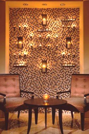 Mozaik v notranjosti (80 fotografij): mali barvni mozaik za dnevno sobo, moderne mozaik kokosove ploščice, dekoracija sten na hodniku in spalnica, oblikovanje in oblikovanje