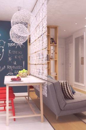 Zoning apartma-studio (58 fotografij): kako ločiti kuhinjo od dnevne sobe s stekleno pregrado in lokom, drsnimi sistemi za spalnico