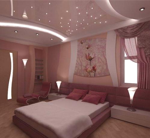 Стилни опънати тавани: снимка в спалнята