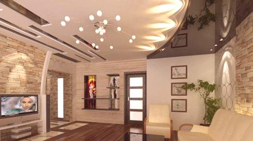 Dizajn stropa u dnevnoj sobi (82 fotografije): prekrasni primjeri-2018 dizajn dvorane površine 18 kvadratnih. m, moderne šarke varijante, koji strop je najbolje učiniti u stanu