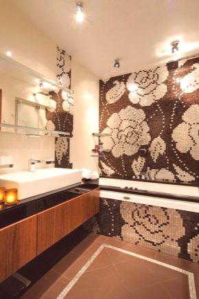 Мозайка за баня (91 снимки): дизайн на мозаечни изделия за пода в помещението, полагане на керамични плочки върху плота